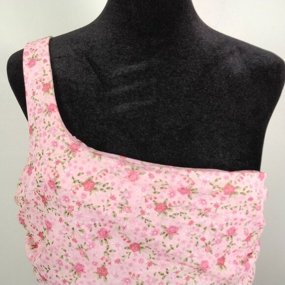 Elegant Womens Pink Floral One-Shoulder Ruched Midi Dress By Likely Size 12 Sexy - Picture 9 of 15